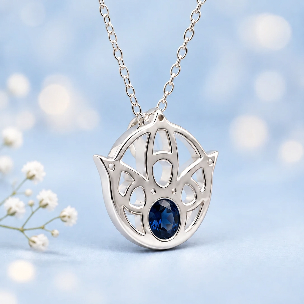 Colgante sacerdotisa de tono plata con cadena y piedra azul en forma circular