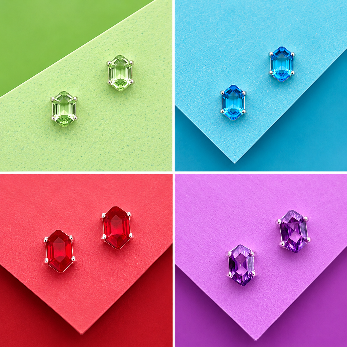 Pendientes tipo botón con cristales facetados verde, azul, rojo y púrpura