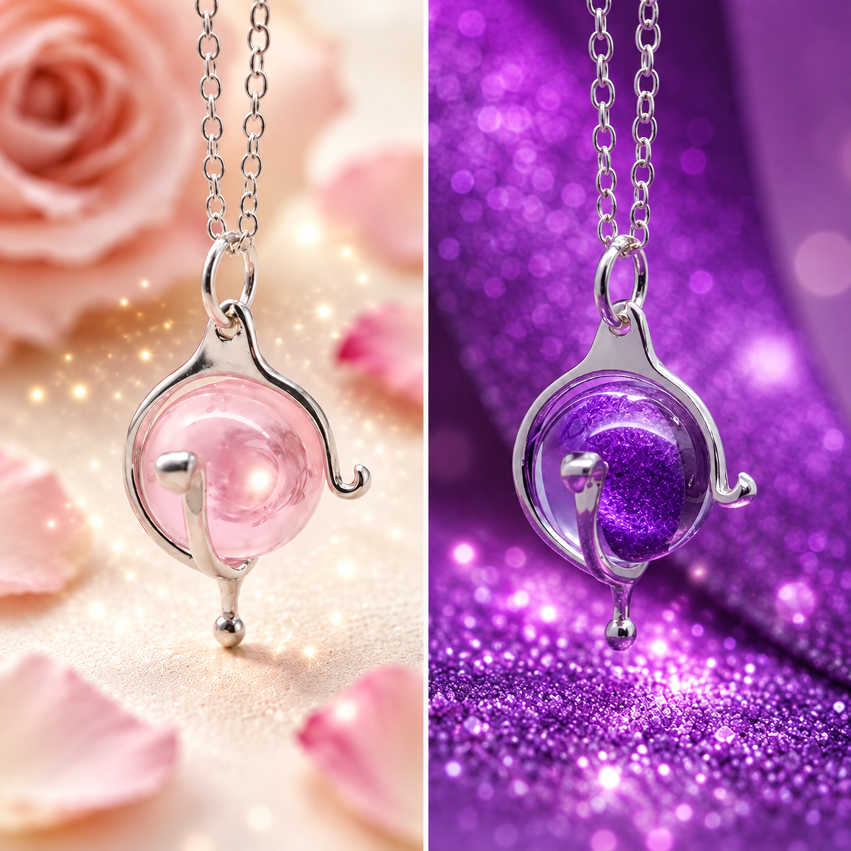 Colgante de péndulo con esfera de resina rosa y lila, cadena metálica