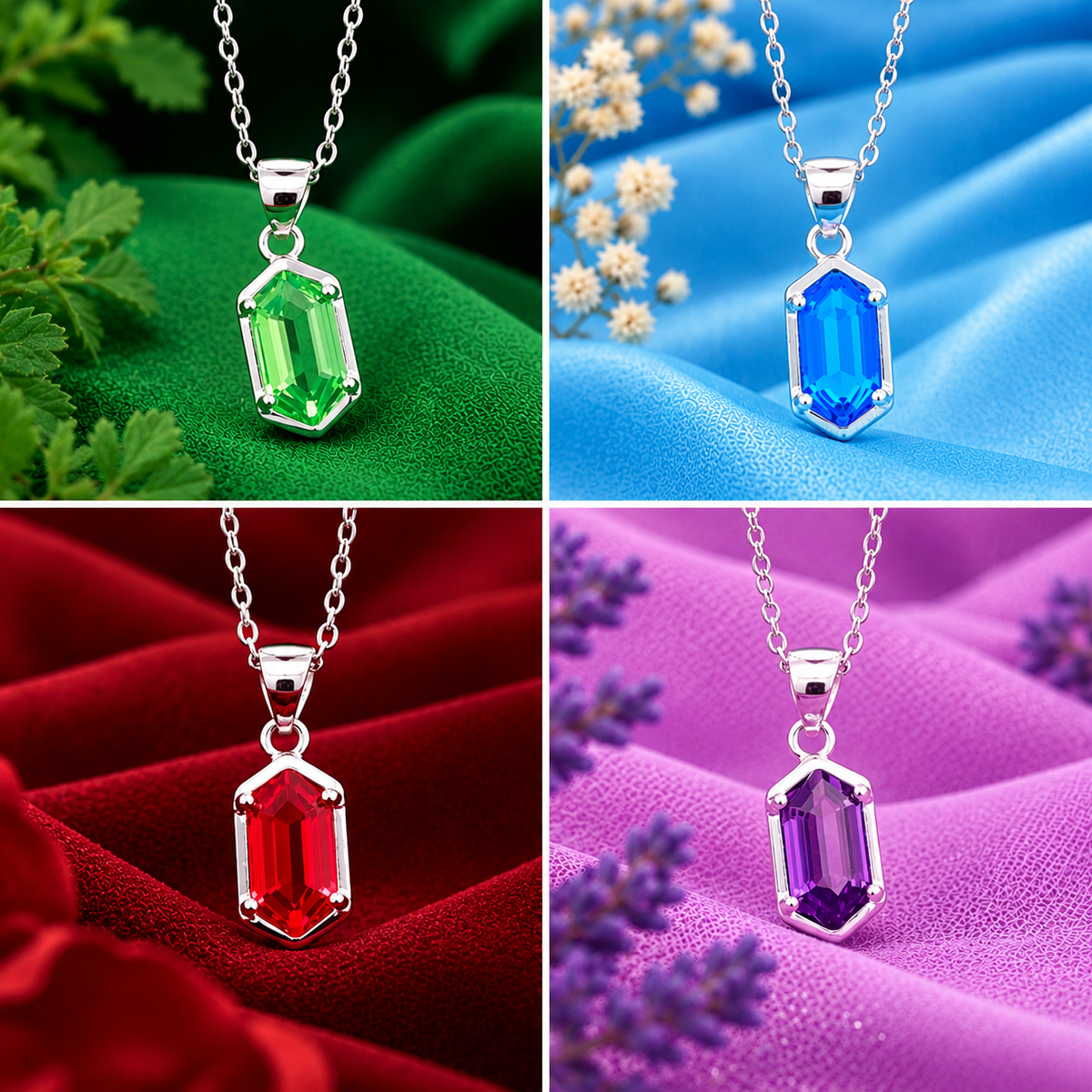 Colgante de Rupia con cadena plateada y gema en verde, azul, roja y morada