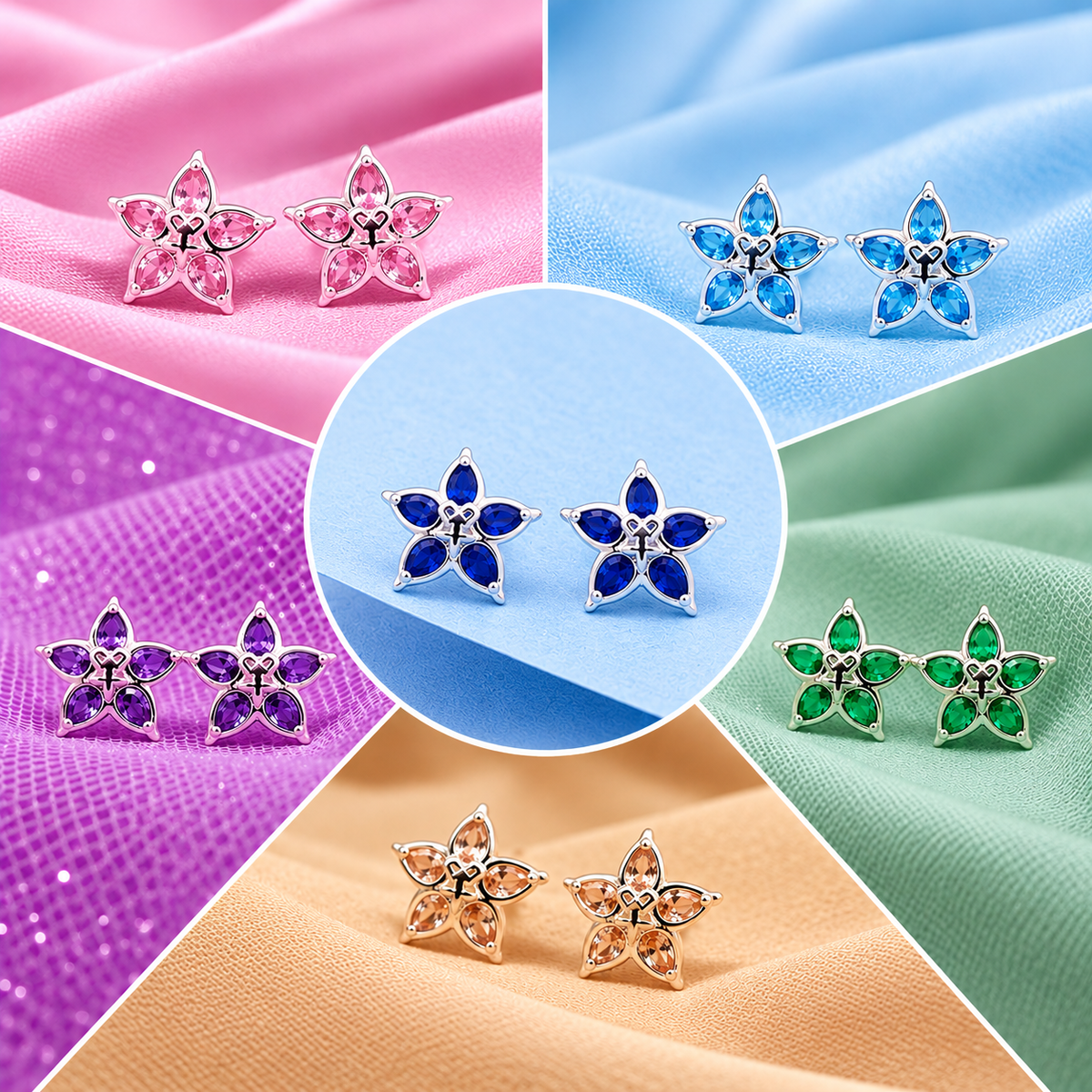Pendientes flor de cinco pétalos con circonitas en rosa, azul, morado y verde
