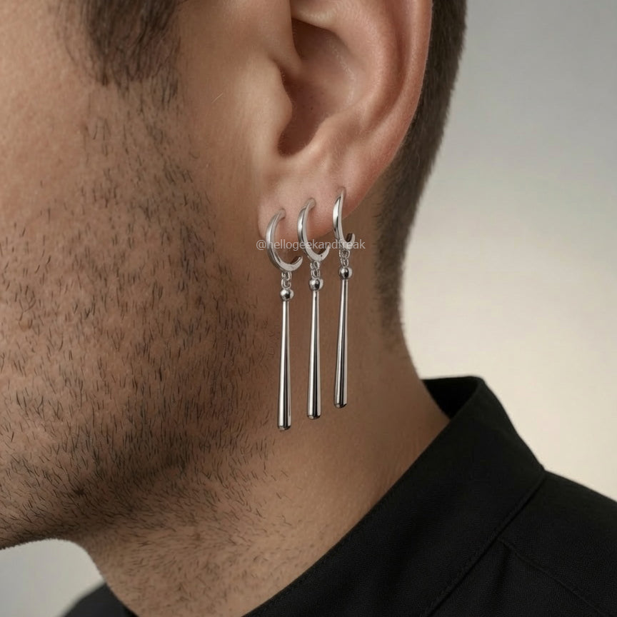Pendientes Espadachín de plata: barras largas y eslabones colgantes, en la oreja
